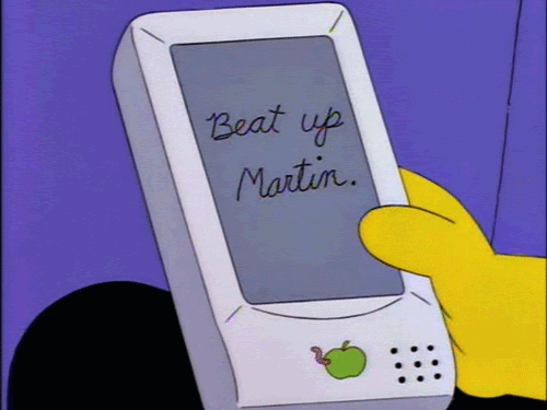 Cartoon of a hand-held digital device mistaking the handwritten text "Beat up Martin" for the words "Eat up Martha."