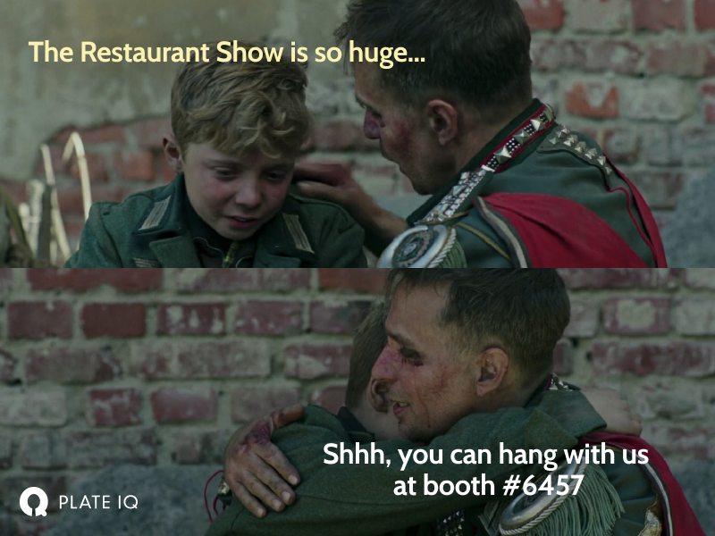 Shh meme, featuring a crying boy and a consoling officer. "The Restaurant Show is so huge..." Shhh, you can hang with us at booth #6457
