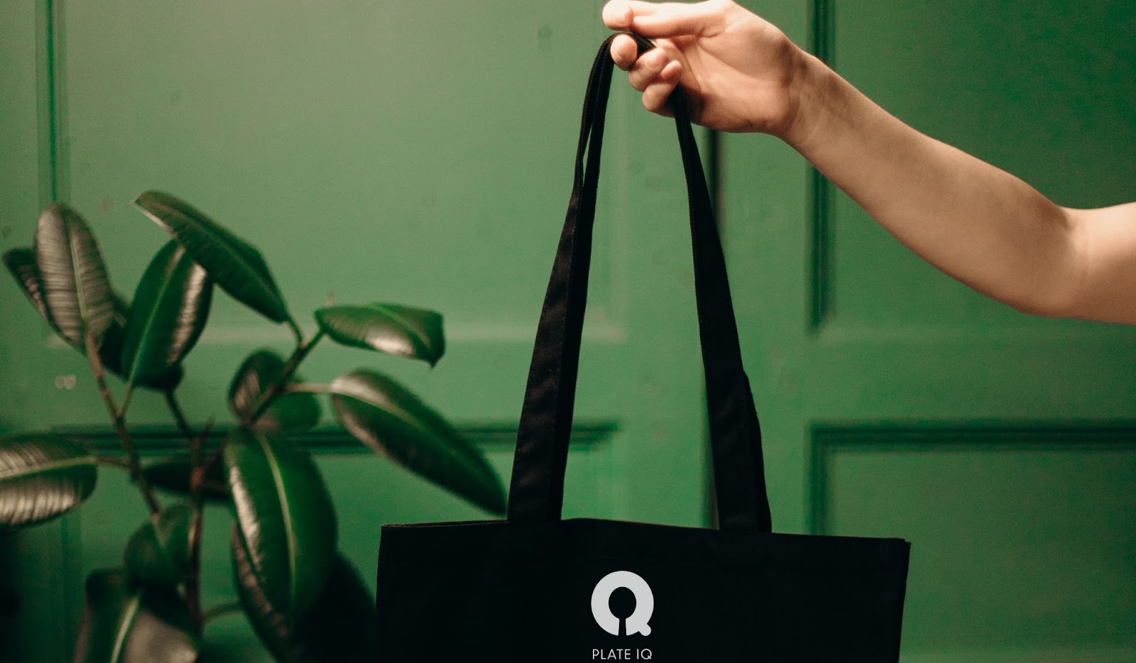 If you went to the 2022 National Restaurant Association Show, you likely brought home more than a fat bag of SWAG merchandise and tasty samples. Picture shows an arm holding a black cloth Plate IQ bag, and a sumptuous green plant in the background.