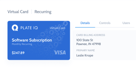 Use the Plate IQ virtual card to pay vendors electronically. A screenshot of Plate IQ’s example virtual card — one side shows the card (blue with white text) and the other side shows the card details in dark gray text on a light gray background.